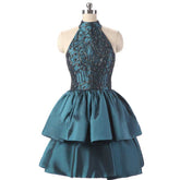 Teal Halter Short Cocktail Dress with Tiered Skirt EN1012